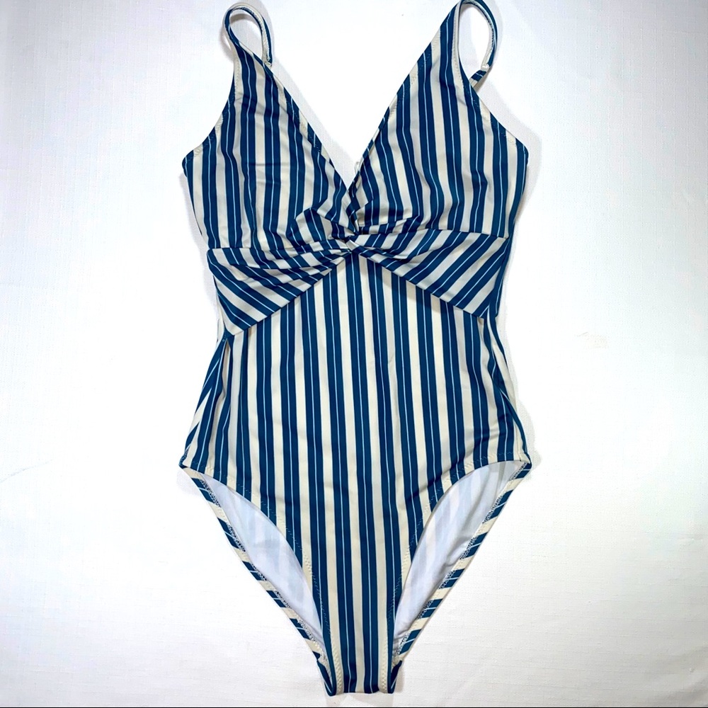 3/20* Blue Striped Ruched One Piece Swimsuit